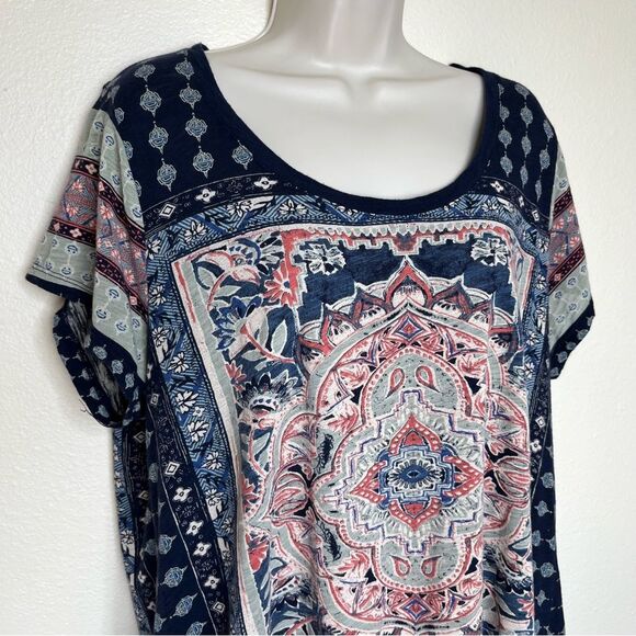 Lucky Brand Cotton Modal Short Sleeve Boho Navy Blue Medallion T Shirt Women 1X - Picture 2 of 14